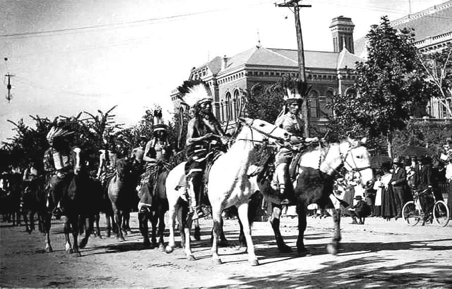 Shoshoni riding down mainstreet in Spanish Fork, Utah circa1900